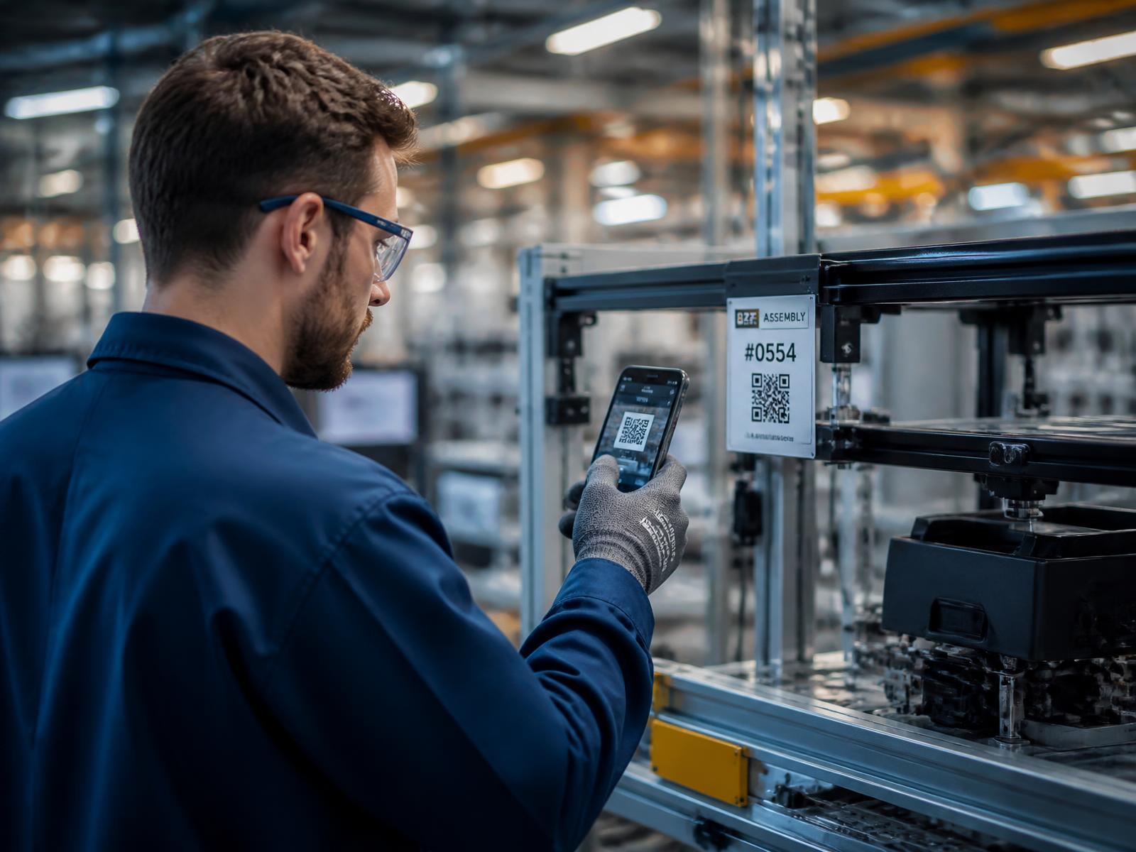 Production operator scanning the QR code of an assembly station with a smartphone to report an issue